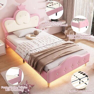 Дитяче м&39яке ліжко Merax 90x200 см зі світлодіодними стрічками, односпальне ліжко для дівчаток, хвилеподібне узголів&39я з вінцем, каркас ліжка з рейковою основою та узніжжям, дитяче ліжко, ПУ, без матраца, рожево-біле 90 x 200 см рожево-біле - зі світл