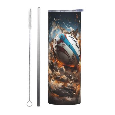 Кружка з прямою трубочкою, дизайн Регбі у вогні, з принтом, підходить для кемпінгу, офісу та дому, 590 мл