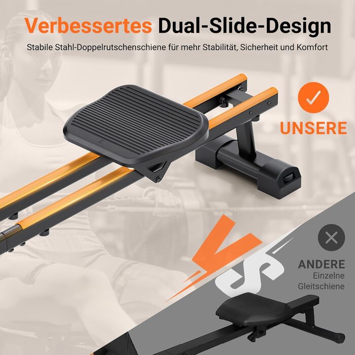 Гребний тренажер Dripex для домашнього використання, Гребні тренажери вантажопідйомністю до 160 кг, Магнітний гребний тренажер з 16 рівнями опору, Покращені подвійні рейки, Підключення до додатку Bluetooth, РК-монітор, Тихі та компактні гребні тренажери P