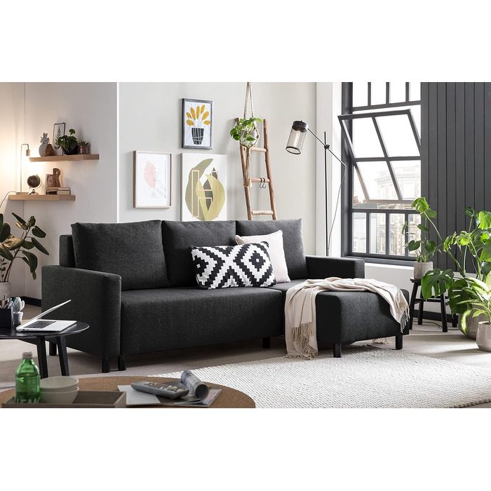 Диван-ліжко Traumnacht Avallon, L-подібний кутовий диван зі сном та місцем для зберігання речей у пуфі, виготовлений за німецькими стандартами якості, антрацит, 136 x 224 x 80 см