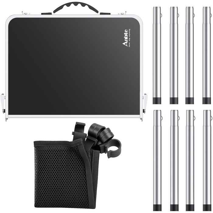 Стіл для кемпінгу Anbte, розкладний стіл 60x40 см, алюмінієва рама з 3 регульованими висотами 26/48/70 см, стіл для пікніка з сіткою для зберігання, портативний багатофункціональний стіл для кемпінгу, пляжу, балкону (чорний) сірий