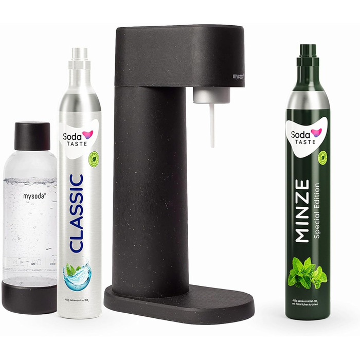 Економ-пакет Mysoda Woody - поновлюваний деревний композитний виробник газованої води з пластиковою пляшкою 1 л без BPA, класичний балон CO2 м'ятний балон CO2 (чорний)
