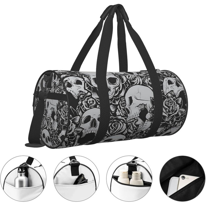 Дорожня сумка-циліндр, моторошний візерунок з темними черепами та квітами, спортивна сумка для чоловіків та жінок, сумка для подорожей, спортивна сумка