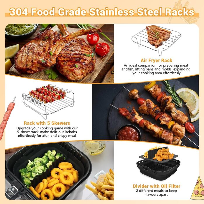 Аксесуари для фритюрниці Viriech із силіконовою формою, аксесуари для багаторазової фритюрниці з 8 частин Силіконова форма для фритюрниці з шампурами Масляна щітка Затискач проти опіків для фритюрниці