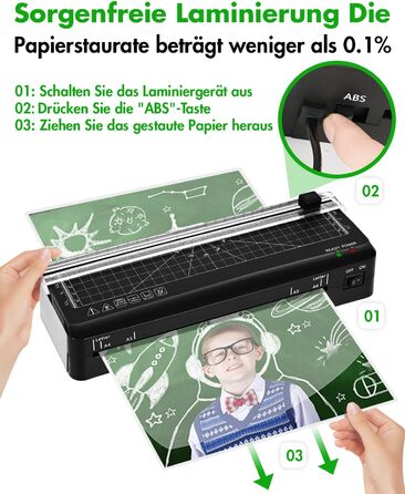 Ламінатор A4, швидкий прогрів за 70 секунд, вбудований різак, ламінатор з технологією NTC з 10 ламінувальними пакетами для A4/A5/A6, для офісу, дому та школи