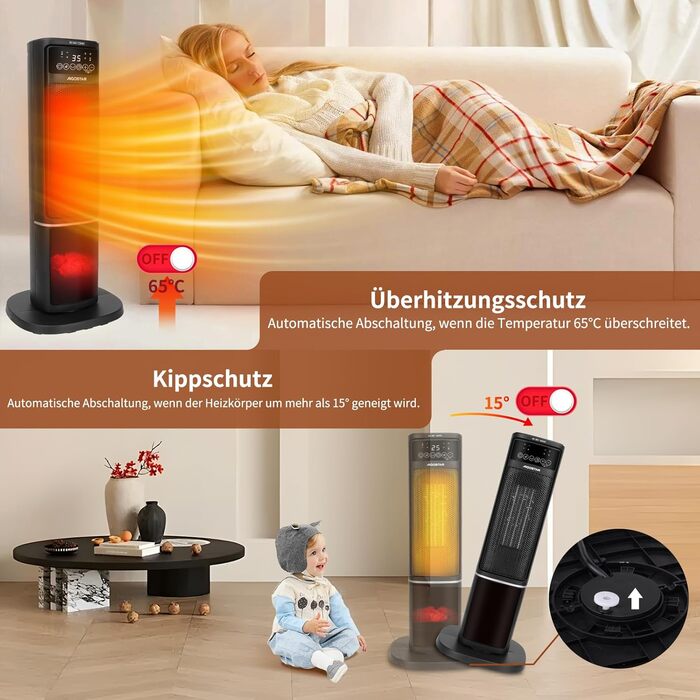 Енергозберігаючий, тихий електричний обігрівач з пультом дистанційного керування, сенсорним світлодіодним дисплеєм, нагрівальним елементом з 3D-полум&39ям, 2000 Вт, 5 режимів та ECO, регульована температура 5-35, таймер 24 години, коливання, чорний