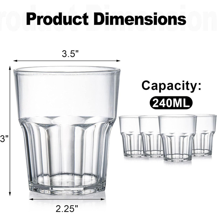 Пластикові стакани для води Tebery 8 х 250 мл, стакани для віскі, пластикові стакани для коктейлів, стакани для пиття з акрилового