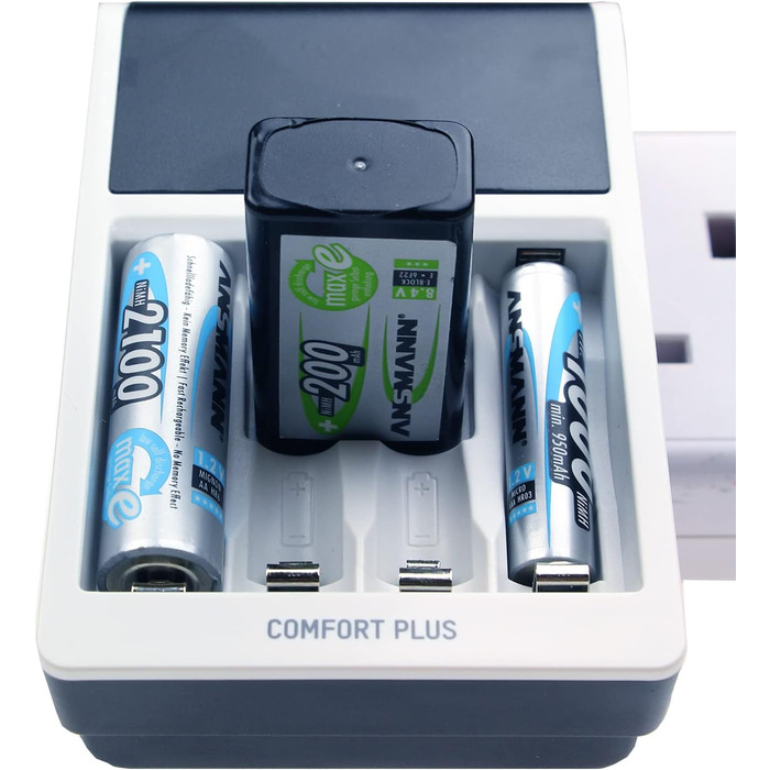 Зарядний пристрій ANSMANN Comfort Plus для акумуляторів типу AA, AAA та 9V з 3-контактним штекером для Великої Британії, швидка зарядка та швидке тестування ємності