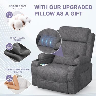 Крісло для телевізора з розкладним підйомником, масажне крісло з електрорегулюванням та функцією підігріву, функція відкидання, 2 підстаканники, 4 бічні кишені, порти типу C та USB, крісло для телевізора з підставкою для ніг, вітальня, темно-сірий