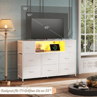 Комод WLIVE, 8 тканинних шухляд, комод з розетками, універсальний комод для спальні та вітальні, з міцним сталевим каркасом та дерев&39яною стільницею, 120 * 30 * 79 см (білий)