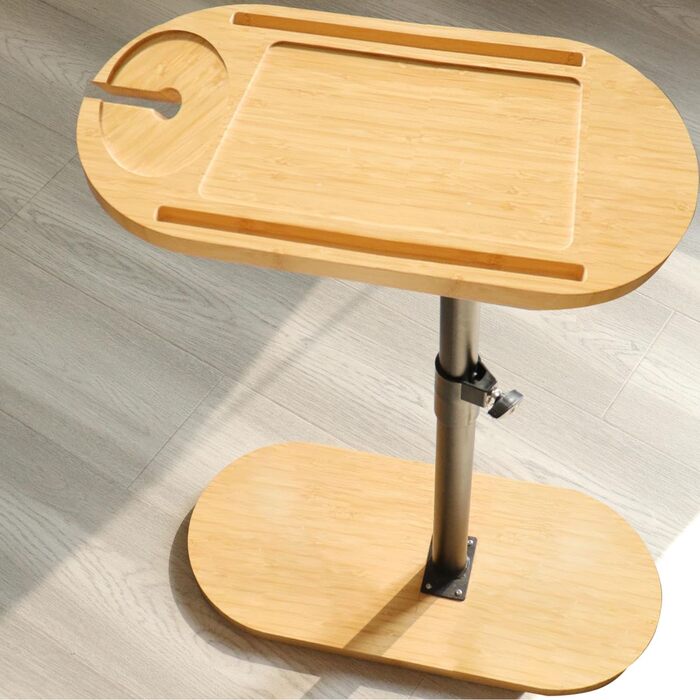 С-подібний журнальний столик, регульована висота (42-82 см), бамбуковий журнальний столик, що обертається на 360, дерево та метал, невеликий журнальний столик, журнальний столик для вітальні, ванної кімнати, ліжка, дивана (бамбук)