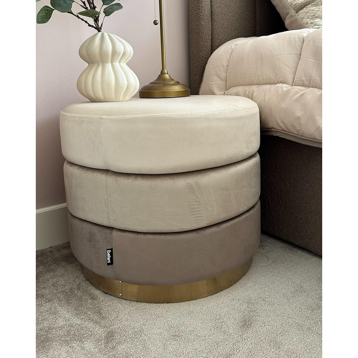 Пуф Beliani, оксамитовий, бежевий, круглий, Ø 39 см, золотий обідок, нержавіюча сталь, трирівневий градієнт кольорів, Louin