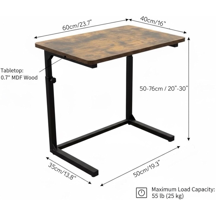 С-подібний журнальний столик для дивана з регульованою висотою, столик для ноутбука для дивана та ліжка, рустикальний коричневий