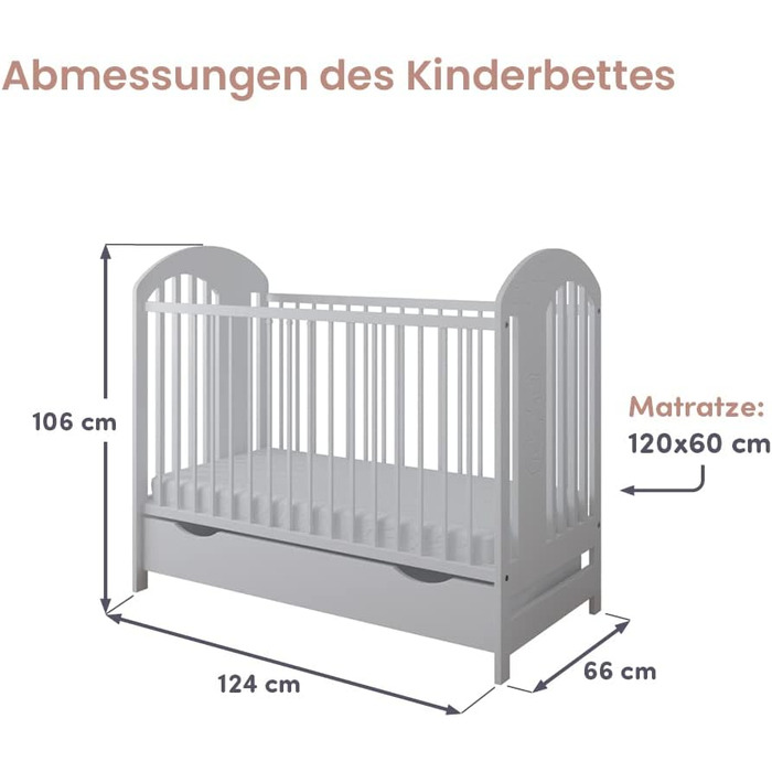 Дитяче ліжечко Kiki Design з шухлядою та матрацом, дитяче ліжечко з поролоновим матрацом 120x60 см, регульована висота, соснова деревина, з мотивом ведмедика - дитяче ліжко - дитяче ліжко - дитячі ліжка - ліжко дитяче колір білий