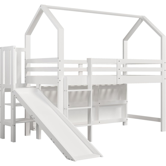Дитяче двоярусне ліжко 90 x 200 см з гіркою, Багатофункціональне дитяче ліжко зі сходами та полицею для зберігання, Односпальне ліжко Treehouse з місцем для зберігання, Масив дерева МДФ, Білий