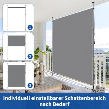 Вертикальний тент LEADZM із затискачем 200x305 см, розсувний та непрозорий, захист від ультрафіолету 50 та водонепроникний, не потребує свердління з ручним приводом для саду, тераси, балкона та вітальні, сірий 200x305 см