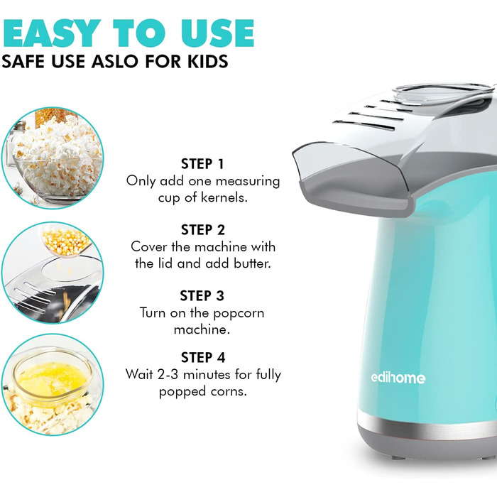 Машина для приготування попкорну, Машини для приготування попкорну, Електрична машина для приготування попкорну, 1200 Вт, включаючи дозуючу ложку, Попкорн готовий за 2 хвилини, Домашній кінотеатр, Серія (синій)