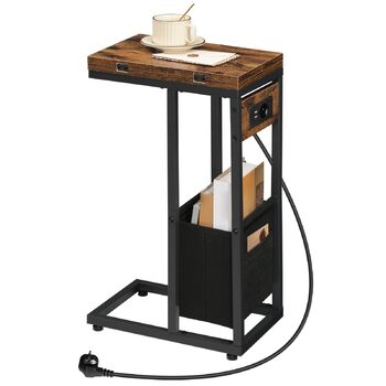 Журнальний столик HOOBRO із зарядною станцією, C-подібної форми, складаний журнальний столик із тканинною кишенею, тумбочка з розеткою та 2 USB-портами, для вітальні, вінтажний коричневий та чорний EBF30CSF01