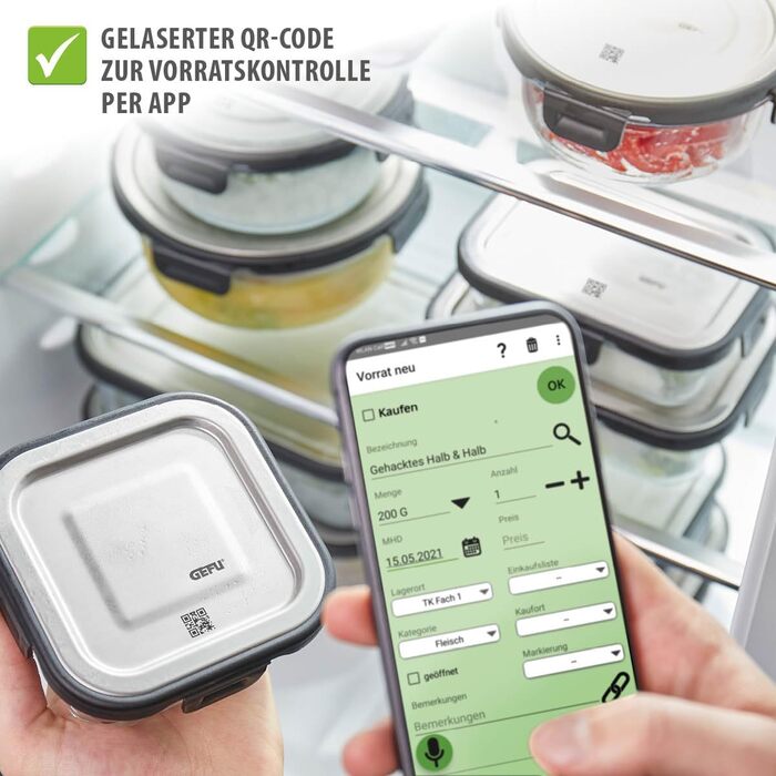 Контейнер для зберігання продуктів GEFU MILO - Розумний ланчбокс із моніторингом свіжості та споживання через додаток, Скло із силіконовою пломбою та застібкою Click, Контейнер для продуктів, Контейнер Tupperware, 1500 мл, Прямокутний, Чорний/Срібний