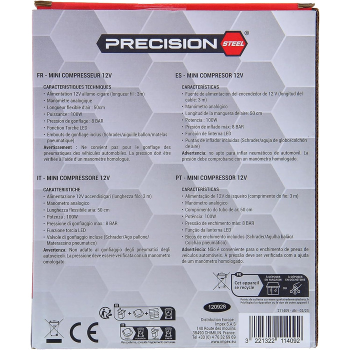 Міні-компресор PRECISION STEEL, 12 В, 8 бар, Presta-Bits, Schrader, голка