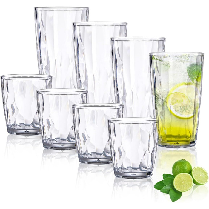 Набір склянок для води TIE-DailyNec 8 PCS, різнокольорові пластикові склянки для пиття 470 мл та 310 мл, небиткі склянки для пиття