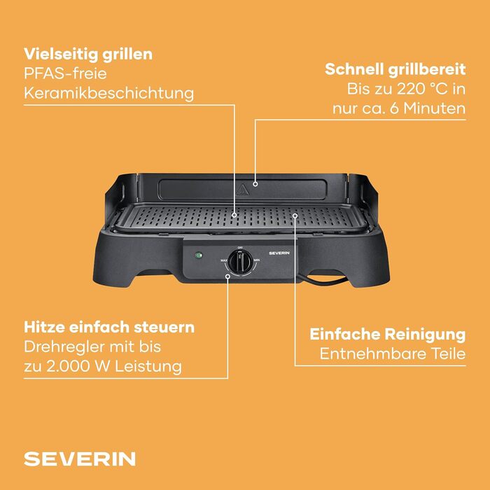 Настільний гриль Severin PG 8595 для дому та вулиці (кухня, балкон), 2000 Вт, 40-220C, 39x23 см, чорний