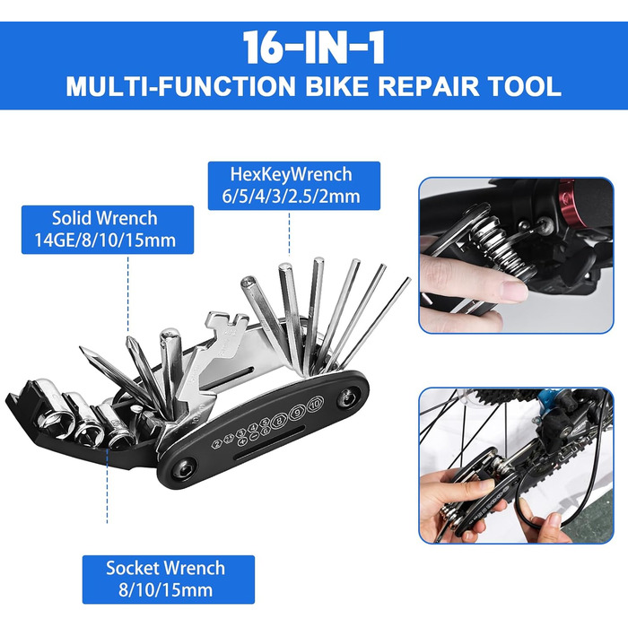 Набір велосипедних інструментів, мультиінструмент 16-в-1 з водонепроникною кришкою, міні-насос, 12 гумових накладок з клейким покриттям, практичне місце для зберігання