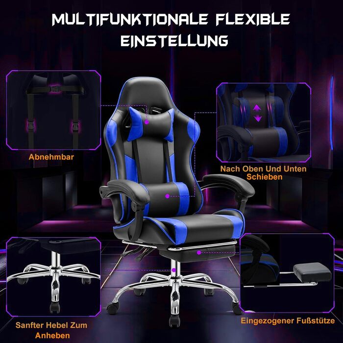 Ергономічне ігрове крісло DUMOS з підставкою для ніг, дихаюче ПК з регульованою поперековою подушкою, підголівником та підлокітниками, вантажопідйомність 150 кг, обертове крісло, чорний синій