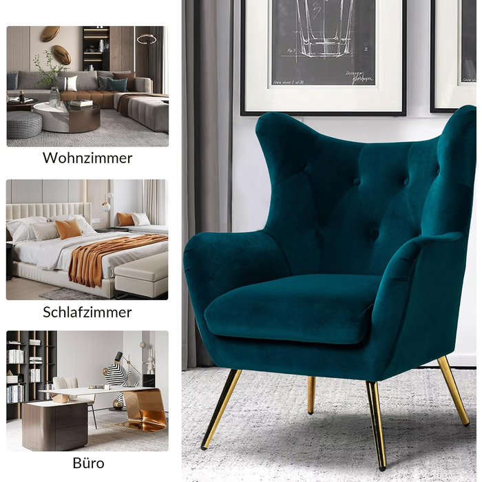 Крісло HULALA HOME, зручне крісло з відкидною спинкою та золотистими металевими ніжками, крісло для читання, зручне крісло з оксамиту для вітальні/спальні, темно-зелений 1 темно-зелений
