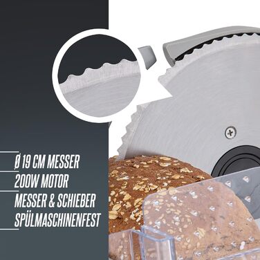 Металева харчова нарізка HEINRICHS, електрична хліборізка, нарізка ковбаси, круглий ніж з нержавіючої сталі (Ø19см), плавне регулювання товщини різання, інтегр. Запобіжний замок, 200 Вт Heinrich