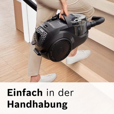 Безмішковий пилосос Bosch Serie 4 BGD21BA3T гігієнічний фільтр, 10 років гарантії на двигун, для паркету, килимів та плитки, насадка для твердих підлог, турбощітка, висока потужність всмоктування, компактний, 750 Вт, чорний