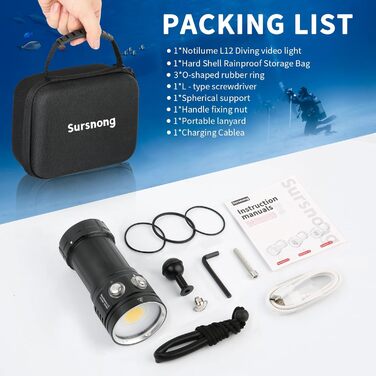 Підводний відеоліхтар L12 7500 люменів - Професійний відеоліхтар для дайвінгу з CRI 90, білим світлом 6000K, акумуляторний USB-C, для дайвінгу/підводної фотозйомки (водонепроникність IP68, глибина занурення 100 м) Знімний акумулятор (заряджання через USB-