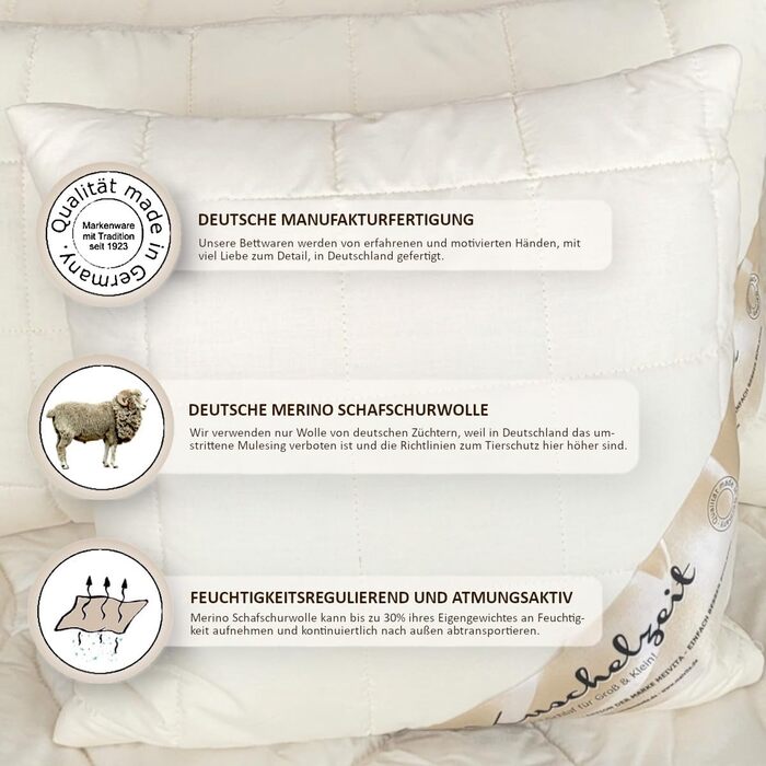 Подушка з мериносової овечої вовни розміром 40x80 см з наповнювачем з 500 грамів натуральної вовняної грудки для індивідуального регулювання висоти та стьобаним бавовняним чохлом - Зроблено в Німеччині