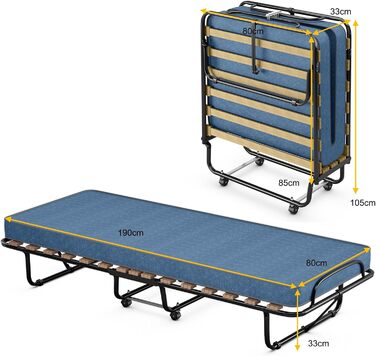 Гостьове ліжко COSTWAY 80x190 см з матрацом з піни з ефектом пам&39яті, розкладне односпальне ліжко, міцне металеве ліжко (витримує вагу до 130 кг), розкладне ліжко на колесах, ліжко для кемпінгу, переносне ліжко, синє 80 x 190 x 33 см