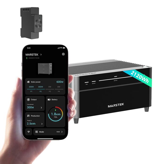 Сонячна балконна електростанція Marstek Venus A з накопичувачем/інвертором/лічильником, 0 ПДВ, сонячний акумулятор LiFePO4 ємністю 2120 Втгод, 4 MPPT-термінали на вході 2,4 кВт та на виході 1,2 кВт, 6000 циклів зарядки, керування через додаток, IP65, 2120
