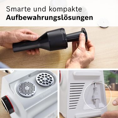 М'ясорубка Bosch MultiPower Serie 6 MFWS607W, 2 перфораційні решітки (4,5 та 8 мм), нержавіюча сталь, підходить для посудомийки, насадки для кеббе та ковбас, потужність 2100 Вт, біла