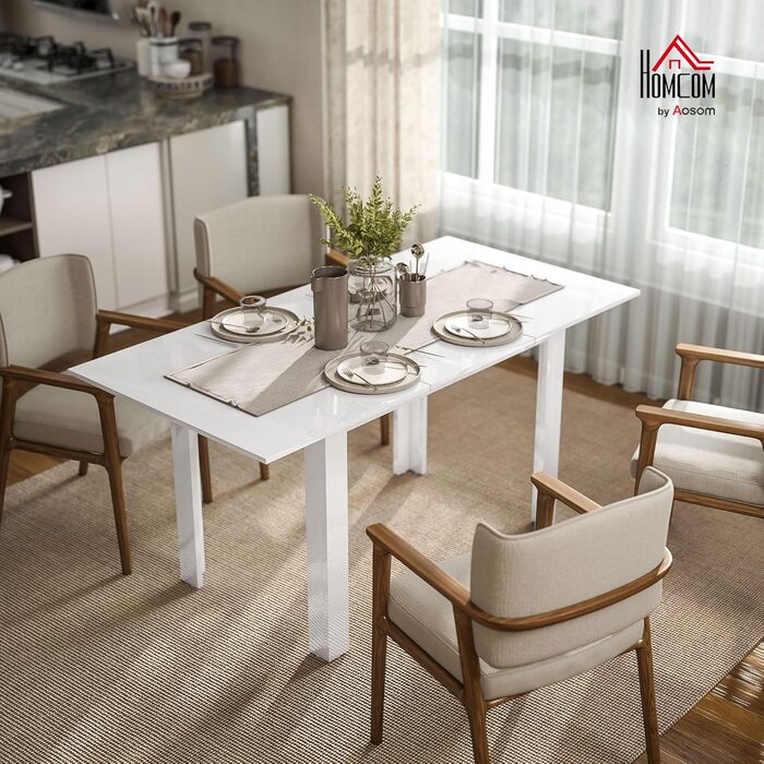 Розсувний обідній стіл HOMCOM 120-160 x 80 см Кухонний стіл для 4-6 осіб Сучасний обідній стіл для кухні, їдальні, білий глянець