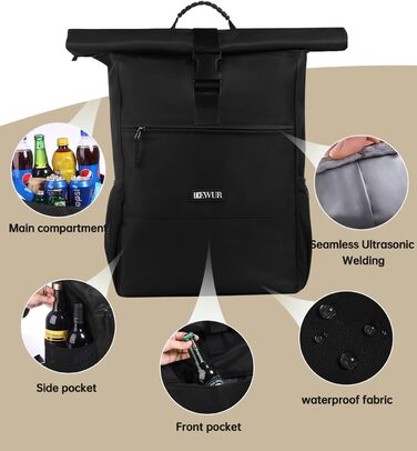 Термальний рюкзак 35 л, рюкзак-холодильник, водонепроникний рюкзак для пікніка з відкривачкою для пляшок, пікніків, кемпінгу, пляжу, походів, подорожей, шопінгу, чорний