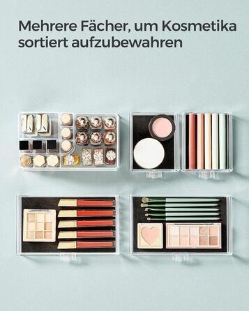 Органайзер для макіяжу SONGMICS, косметичний органайзер з 4 шухлядами та 11 відділеннями різних розмірів, нековзні вставки, для макіяжу та ювелірних виробів, прозорий JKA001TP