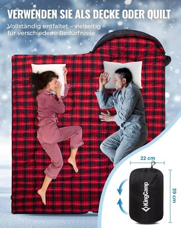 Спальний мішок KingCamp для дорослих, для холодної та теплої погоди, XL, великий та високий фланелевий спальний мішок з компресійним мішком, портативний, водонепроникний, аксесуар для кемпінгу на природі, чорний фланель, 22075 см