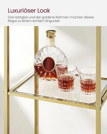 Полиця VASAGLE, 5-ярусна книжкова полиця, окремостояча полиця із загартованого скла, арочна полиця для зберігання, металевий каркас, для вітальні, спальні, кабінету, ванної кімнати, металеве золото-прозоре LGT501A01 30,2 x 40 x 183,5 см металеве золото пр