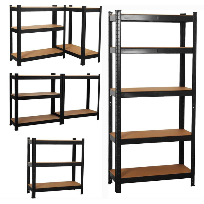 Високоякісний міцний стелаж, кріпильні елементи в комплекті, вантажопідйомність 875 кг, 5 регульованих, міцних полиць з МДФ для зберігання, підвалу, гаража, льоху, майстерні (чорний, 70x30x150 см)