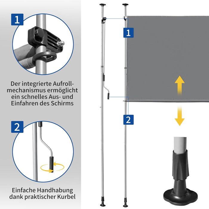 Вертикальний тент LEADZM із затискачем 200x305 см, розсувний та непрозорий, захист від ультрафіолету 50 та водонепроникний, не потребує свердління з ручним приводом для саду, тераси, балкона та вітальні, сірий 200x305 см