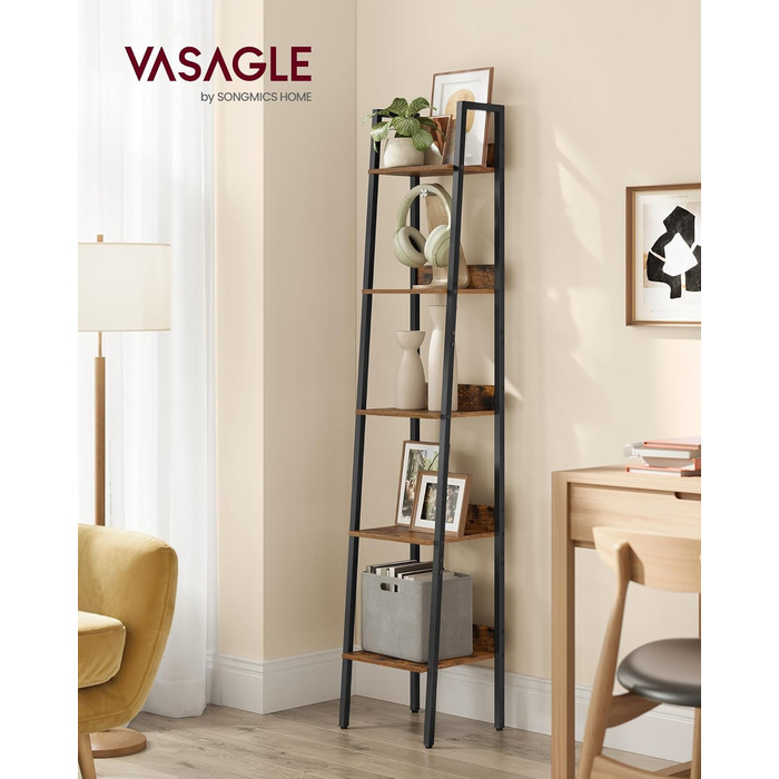Книжкова полиця VASAGLE, драбина, 5 ярусів, вузька полиця, відкрита окремостояча полиця для кабінету, вітальні, спальні, кухні, промисловий дизайн, вінтажний коричневий-чорний LLS109B01 Вінтажний коричневий чорний 5 полиць (30 x 33,8 x 170 см)