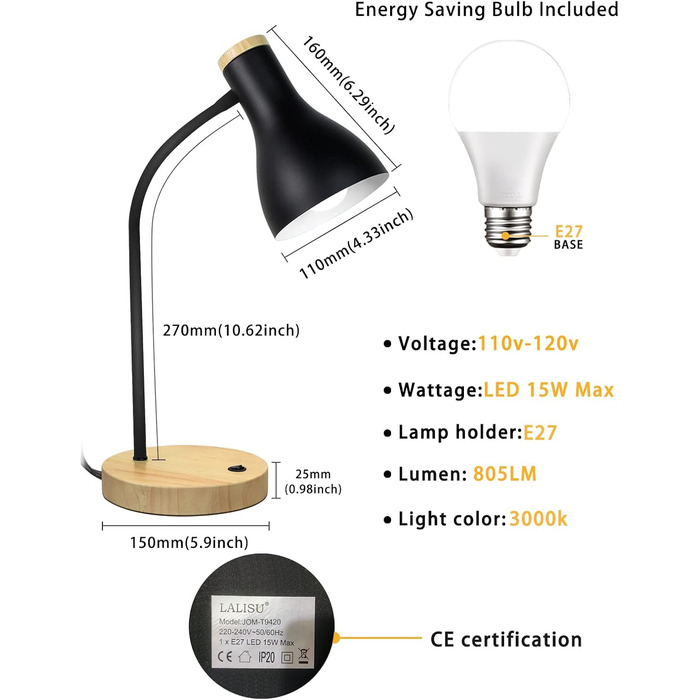 Настільна лампа Базова світлодіодна лампа для читання в класичному дерев'яному дизайні, настільна лампа Захист очей Лампа денного світла, регульований кронштейн (чорний)