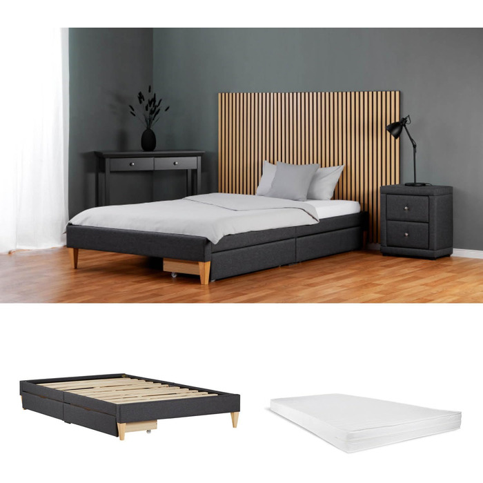 Ліжко-футон Homestyle4u, м&39яке ліжко 140x200 з рейковим каркасом та 2 коробками для зберігання, сіре, двоспальне ліжко з місцем для зберігання Артикул 2620 Сірий, з рейковим каркасом та коробкою для зберігання, 140 x 200 см