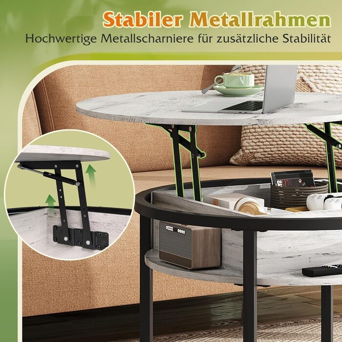 Круглий журнальний столик WLIVE з підйомною стільницею, стіл для вітальні з регульованою висотою та місцем для зберігання, 60 x 60 x 50 см, журнальний столик для вітальні, балкону та офісу (дуб, діаметр 60) Дуб, діаметр 60