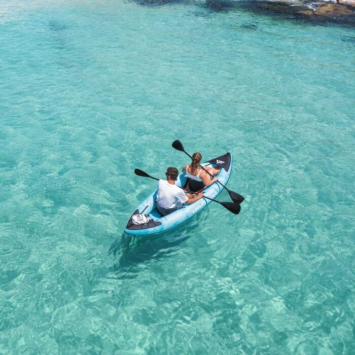 Надувний каяк VirtuFit 335 2 особи опція 3-го місця вкл. 2 сидіння для каяка, сумку для перенесення та 2 ласти для моря, річки та озера стабільна конструкція 335 см бірюзовий