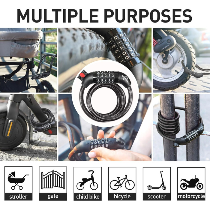 Кабельний замок для велосипеда та самоката, 5-значний код, з можливістю скидання, кодовий замок, захист від крадіжки, надійна фіксація, 177,8 см (70 дюймів), комплект з 2 шт.