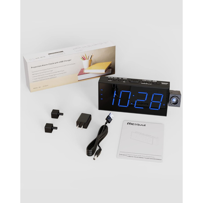 Проекційний будильник для спальні, цифровий будильник з великим 7-дюймовим світлодіодним дисплеєм, диммер, проектор на 180, зарядний пристрій USB, 12/24 год, літній час, відкладення, резервне живлення акумулятора, настільний настінний стельовий годинник д